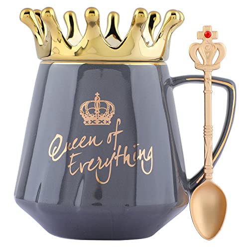 NYRWANA Coffee Mug, Birthday Gift for Girlfriend, Gift for Women, Mugs for Gift, Cups and Mugs, Valentine Gift for Girlfriend, Queen of Everything Mug with Golden Crown & Spoon (350ml - Black)