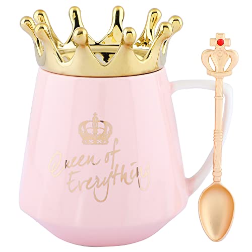 NYRWANA Coffee Mug, Birthday Gift for Girlfriend, Gift for Women, Mugs for Gift, Cups and Mugs, Valentine Gift for Girlfriend, Queen of Everything Mug with Golden Crown & Spoon (350ml - Black)