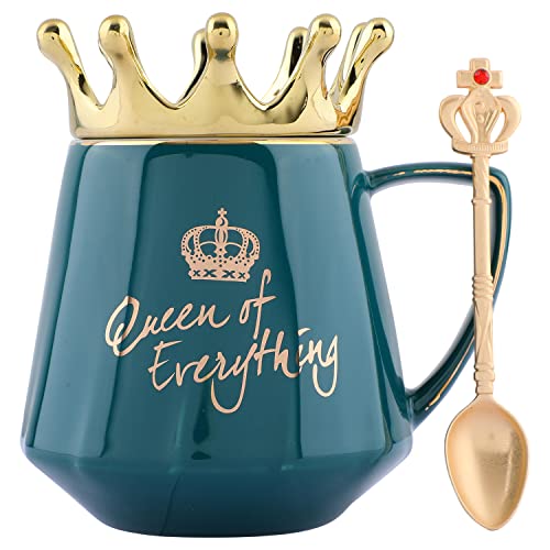 NYRWANA Coffee Mug, Birthday Gift for Girlfriend, Gift for Women, Mugs for Gift, Cups and Mugs, Valentine Gift for Girlfriend, Queen of Everything Mug with Golden Crown & Spoon (350ml - Black)