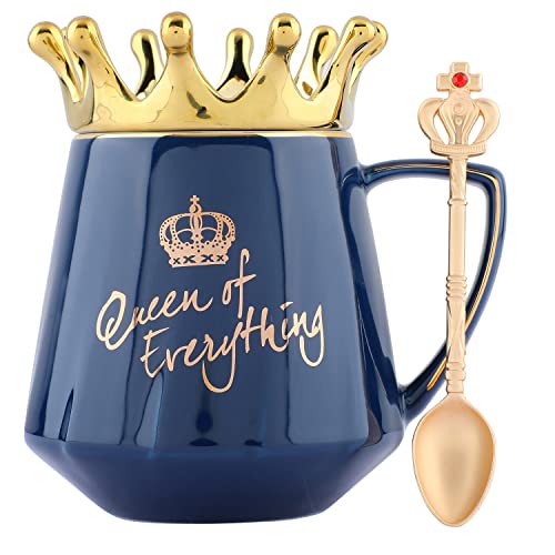 NYRWANA Coffee Mug, Birthday Gift for Girlfriend, Gift for Women, Mugs for Gift, Cups and Mugs, Valentine Gift for Girlfriend, Queen of Everything Mug with Golden Crown & Spoon (350ml - Black)