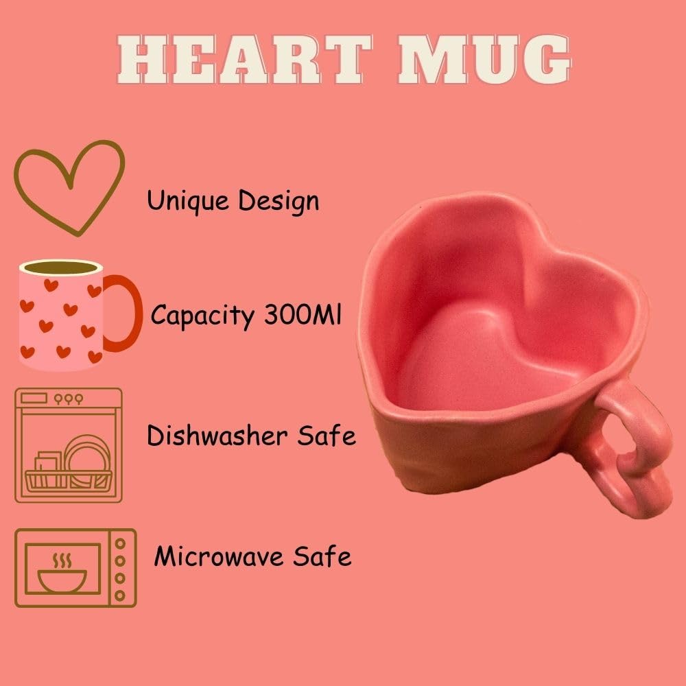 Rare Planet Handcrafted Pink Heart-Shaped Ceramic Mug Pack of 1 - Unique Coffee & Tea Mug for Boyfriend & Girlfriend Aesthetic Drinkware - Valentine's Day Gift Daily Use & Home Decor