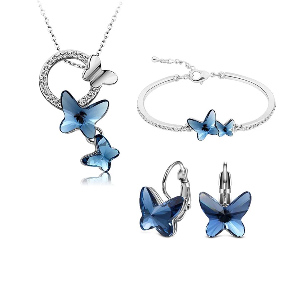 Shining Diva Diva Italian Designer Platinum Plated Crystal Butterfly Earrings Chain Pendant Necklace Combo Jewellery Set for Women and Girls (Blue) (14603s)