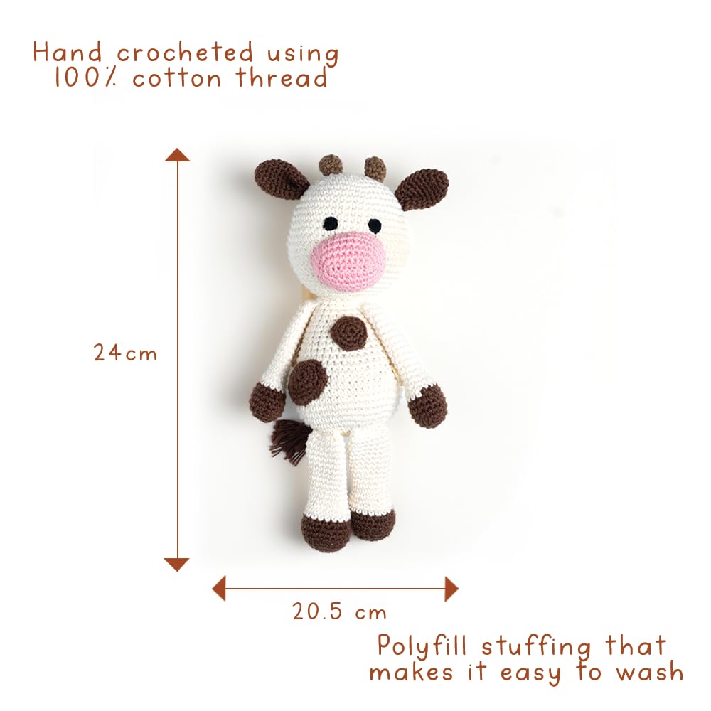 GUBBACHHI Amba Crochet Cow Soft Toy | Sleep Buddy | Plush Stuffed Animal | Handmade in India | Soft Toy for Kids | Gifting for Children | New Born Baby Toy | Crochet Doll | Crochet Toys | 3 Months +