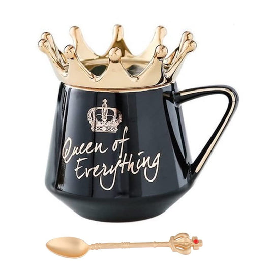 NYRWANA Coffee Mug, Birthday Gift for Girlfriend, Gift for Women, Mugs for Gift, Cups and Mugs, Valentine Gift for Girlfriend, Queen of Everything Mug with Golden Crown & Spoon (350ml - Black)