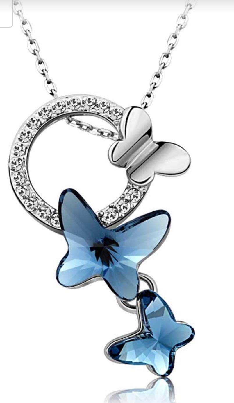 Shining Diva Diva Italian Designer Platinum Plated Crystal Butterfly Earrings Chain Pendant Necklace Combo Jewellery Set for Women and Girls (Blue) (14603s)