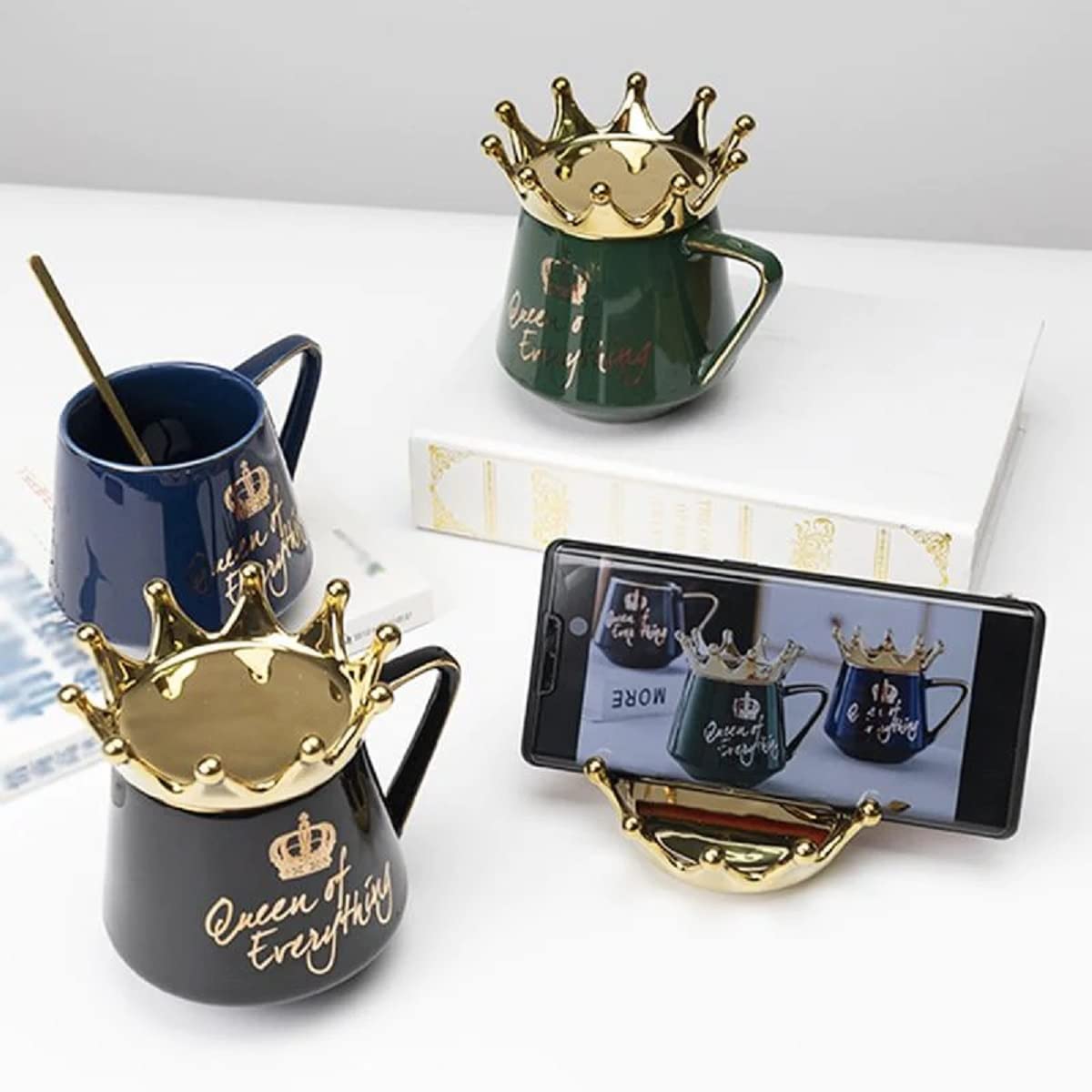 NYRWANA Coffee Mug, Birthday Gift for Girlfriend, Gift for Women, Mugs for Gift, Cups and Mugs, Valentine Gift for Girlfriend, Queen of Everything Mug with Golden Crown & Spoon (350ml - Black)