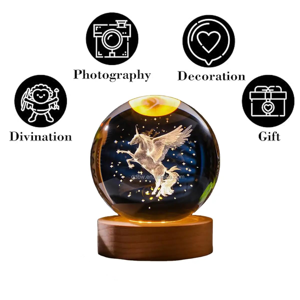 GITGRNTH 3D Unicorn Crystal Ball Lamp - Unicorn System Night Light, 3D Unicorn Crystal Ball, Galaxy Lamp Ball, Galaxy Crystal Ball Light Lamp with USB Powered 3.15 Inch LED Wooden Base (Unicorn)