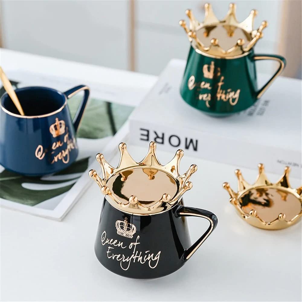 NYRWANA Coffee Mug, Birthday Gift for Girlfriend, Gift for Women, Mugs for Gift, Cups and Mugs, Valentine Gift for Girlfriend, Queen of Everything Mug with Golden Crown & Spoon (350ml - Black)