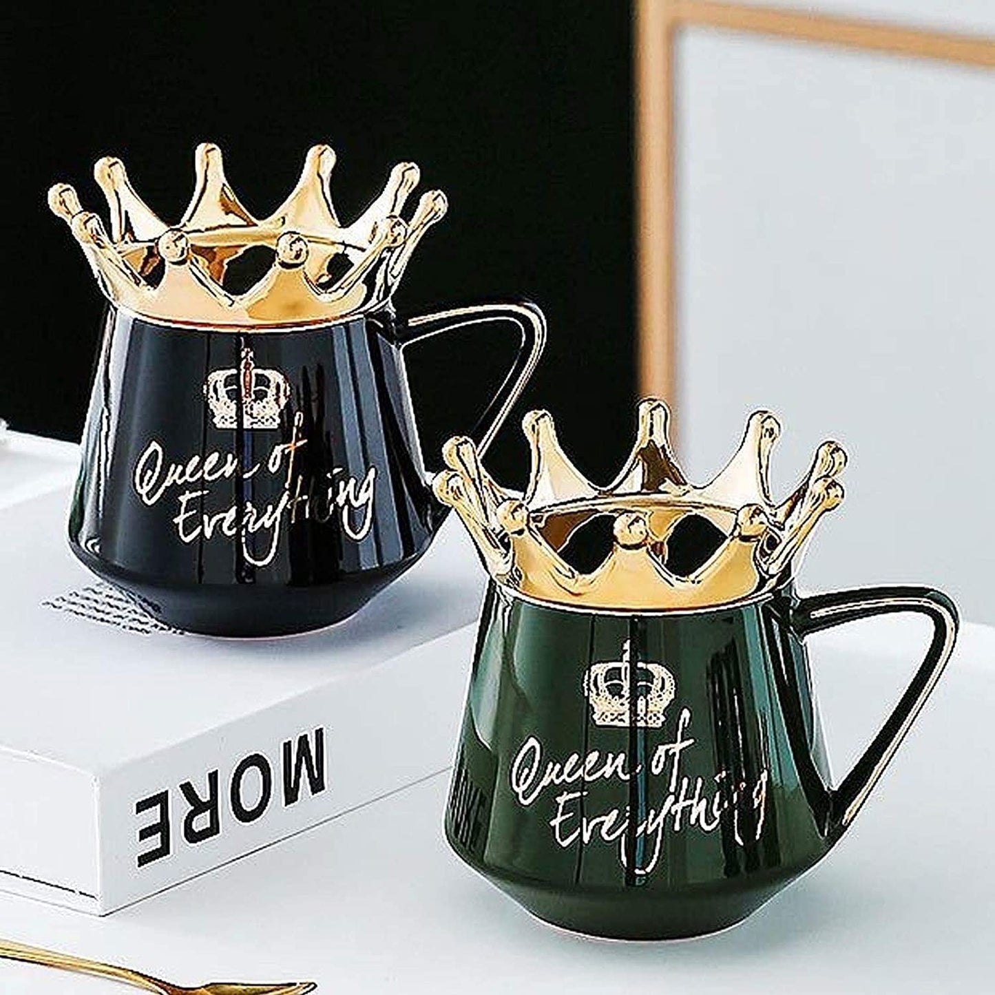 NYRWANA Coffee Mug, Birthday Gift for Girlfriend, Gift for Women, Mugs for Gift, Cups and Mugs, Valentine Gift for Girlfriend, Queen of Everything Mug with Golden Crown & Spoon (350ml - Black)