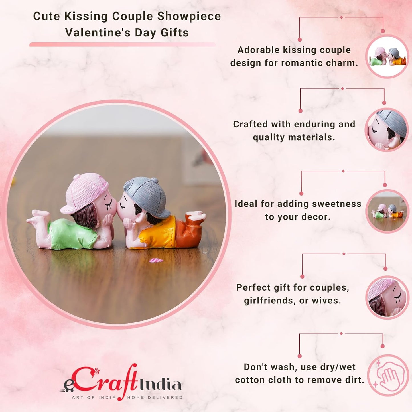 eCraftIndia Valentine Gift for Girlfriend Boyfriend | Cute Kissing Couple Statue Decorative Showpiece | Kiss Day Valentine Day Gift for Husband Wife Her Him | Valentine Day Decoration Items