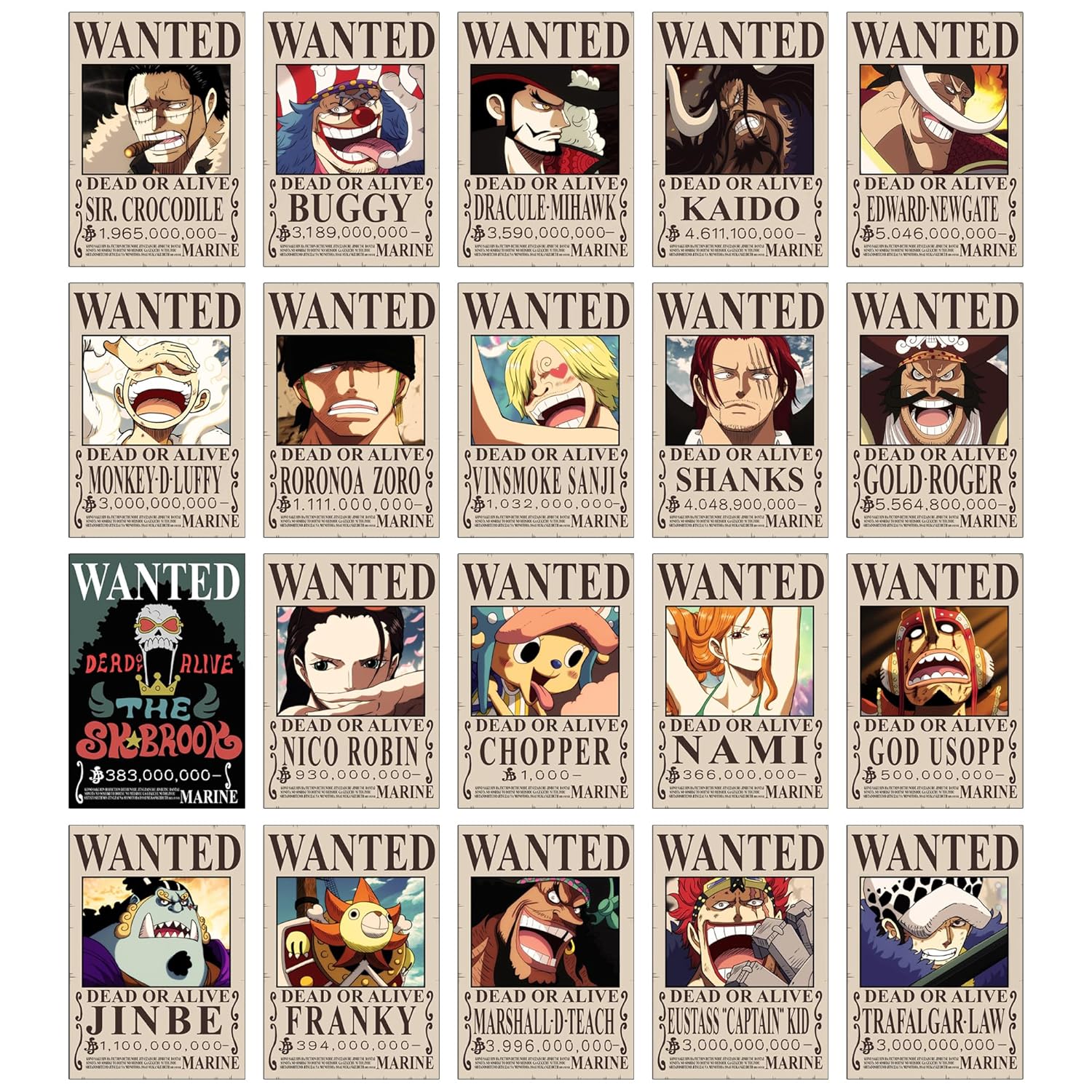 Thepaper9store One Piece Wanted posters|Set of 20 one piece Bounty posters for wall|Self Adhesive|8.3?12 Inches|Anime Posters For Room|(Post Wano Bounties)